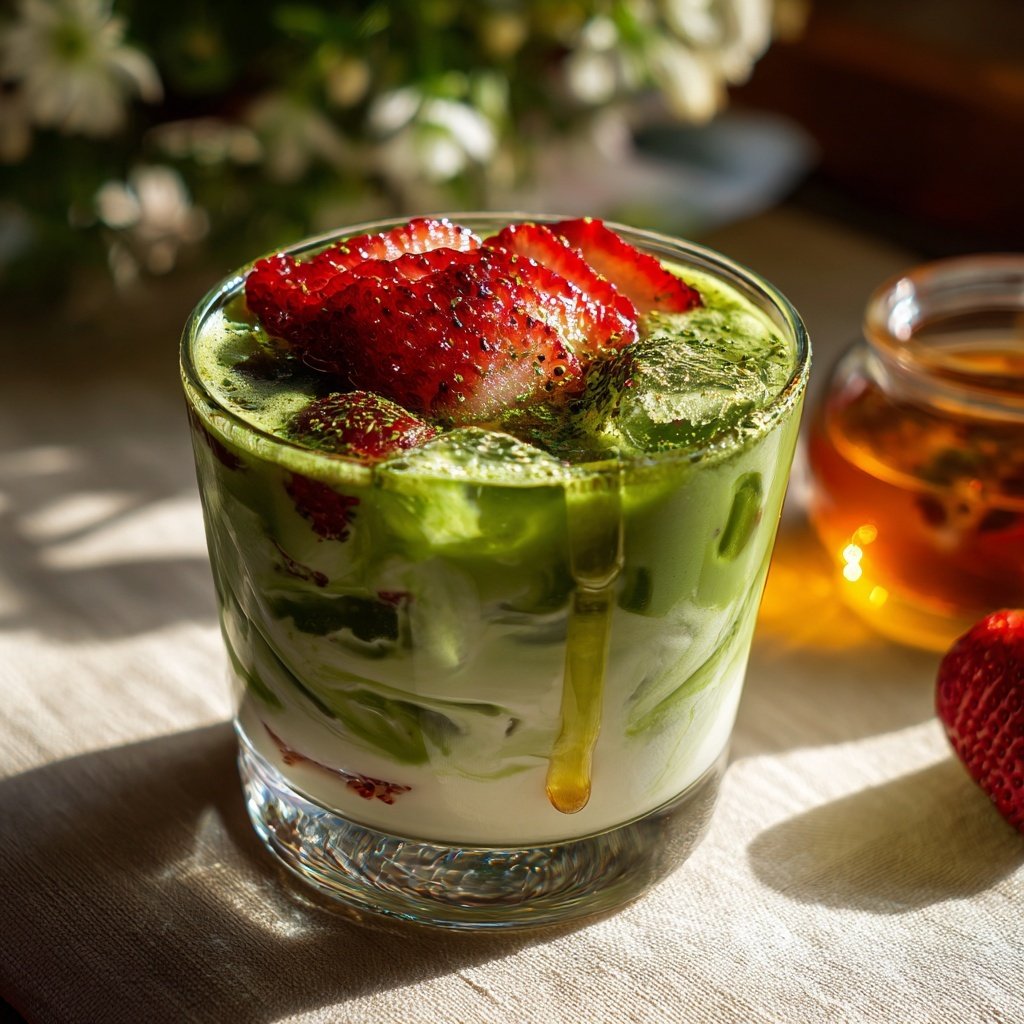 Strawberry Matcha Iced Latte With Honey